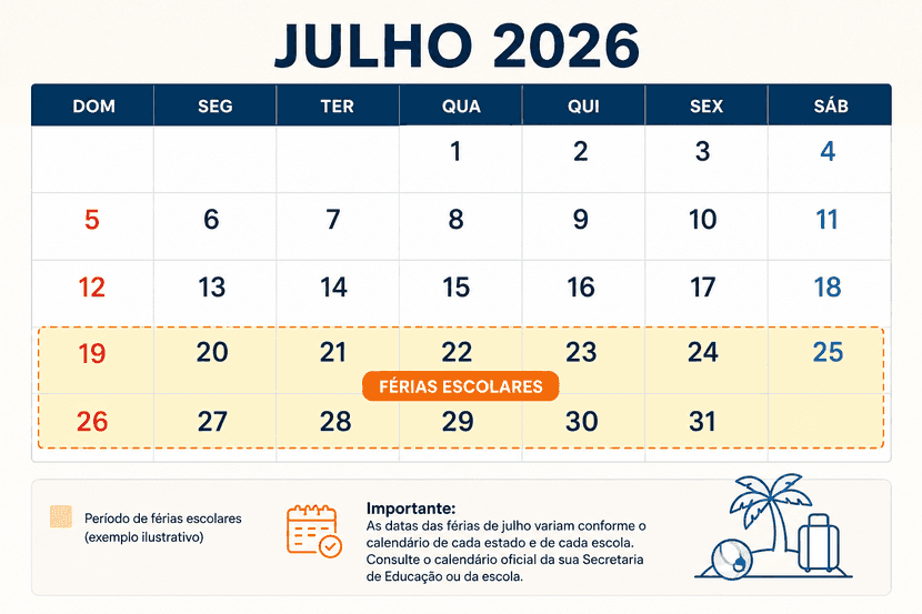  Veja que dia começam as férias de julho 2026 em cada estado 